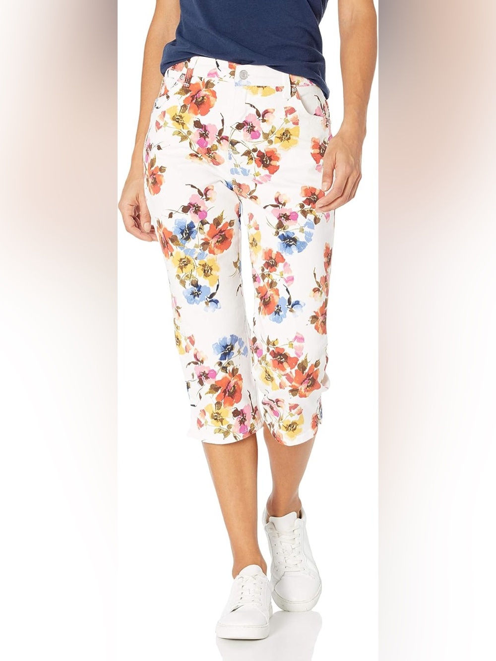Gloria Vanderbilt Amanda 10 White Floral Capri Jeans Cropped Stretch Cotton